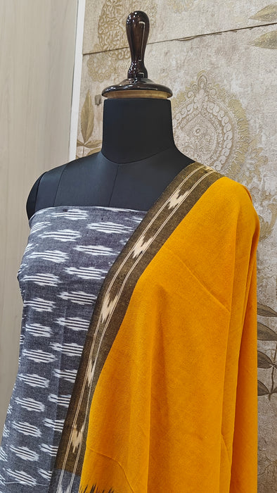 Ikkat Pochampally Pure Cotton Salwar Material -Gray With Yellow