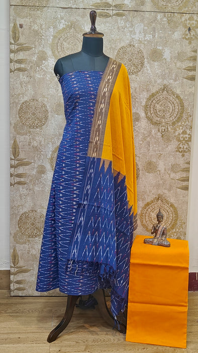 Ikkat Pochampally Pure Cotton Salwar Material -DarkBlue With Yellow