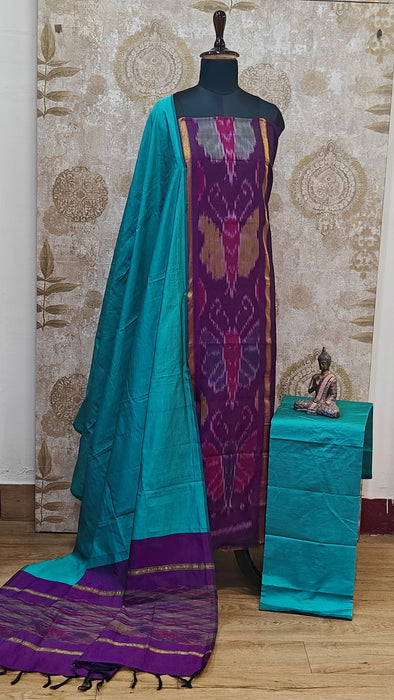 Ikkat Sico Silk Cotton Salwar Material - Purple With RamaGreen