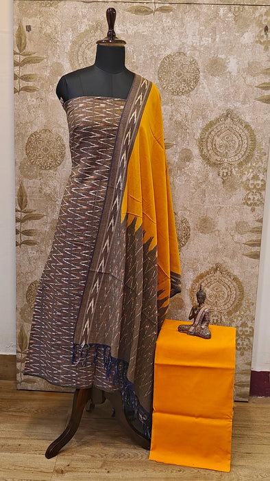 Ikkat Pochampally Pure Cotton Salwar Material - Brown With Yellow