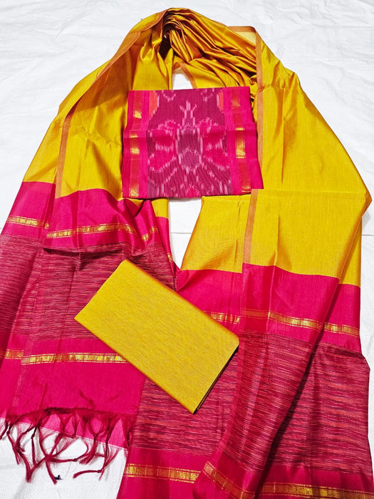 Ikkat Sico Silk Cotton Salwar Material - Pink With GoldYellow