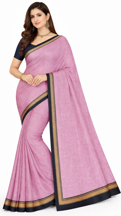 Narayanpet Cotton Saree - Pink With Maroon Thread Border