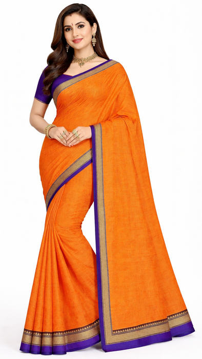 Narayanpet Cotton Saree - Orange With Blue Thread Border