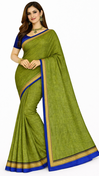 Narayanpet Cotton Saree - OliveGreen With Blue Thread Border
