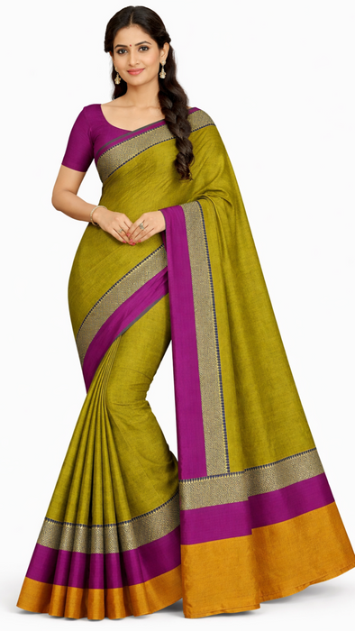 Narayanpet Cotton Saree - OliveGreen Thread Border