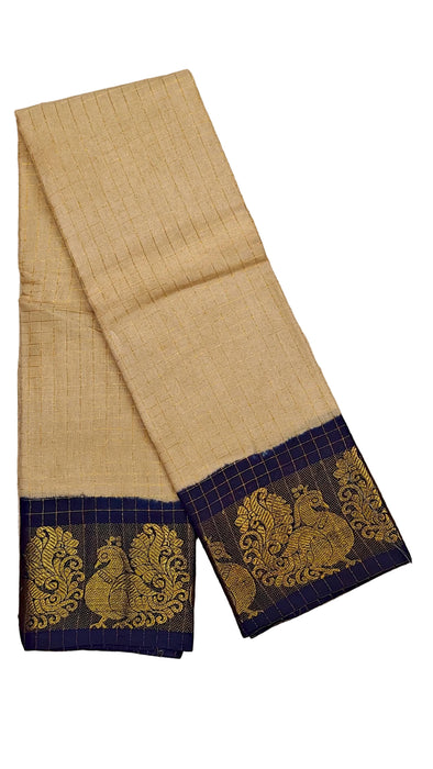 Rani Sungudi Cotton Zari Checks Contrast Double Side Boder -Biscuit-DarkBlue
