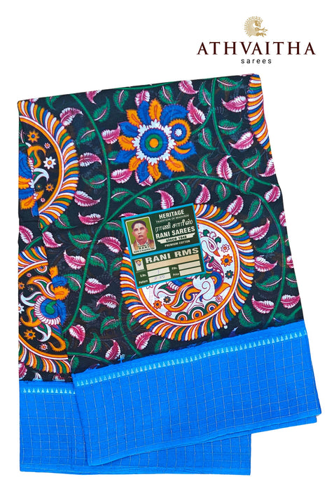 Madurai Rani Sungudi Cotton Kalamkari Block With Zari Checks Border