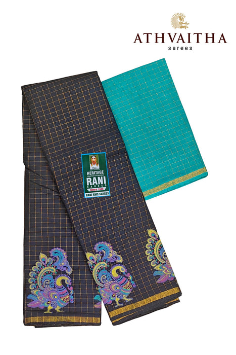 Rani Zari Checks With Kalamkari Design Contrast With Blouse