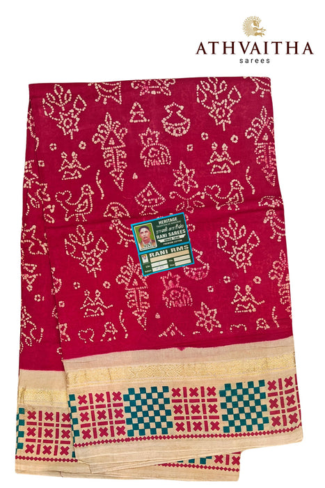 Madurai Rani Sungudi Warli Hand Block With Contrast 1"inch Zari Border