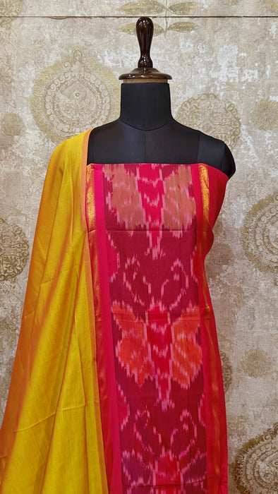 Ikkat Sico Silk Cotton Salwar Material - Pink With GoldYellow