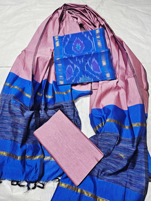 Ikkat Sico Silk Cotton Salwar Material - Blue With OnionPink
