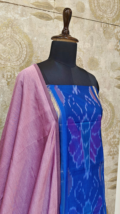 Ikkat Sico Silk Cotton Salwar Material - Blue With OnionPink