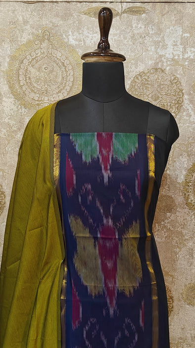 Ikkat Sico Silk Cotton Salwar Material - DarkBlue With OliveGreen