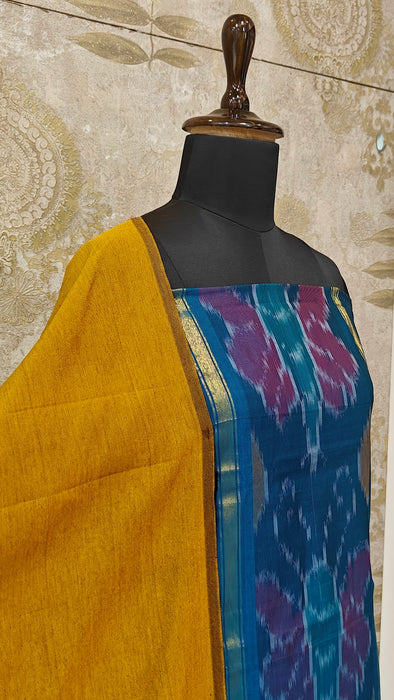 Ikkat Sico Silk Cotton Salwar Material - PeacockBlue With Mustard