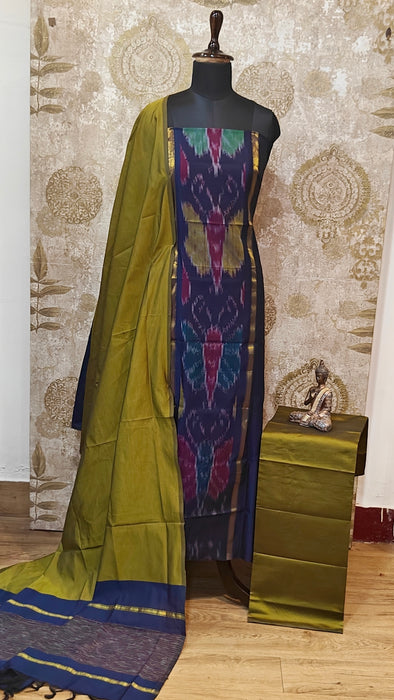 Ikkat Sico Silk Cotton Salwar Material - DarkBlue With OliveGreen