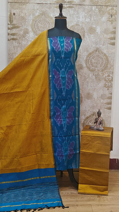 Ikkat Sico Silk Cotton Salwar Material - PeacockBlue With Mustard