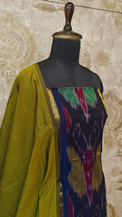 Ikkat Sico Silk Cotton Salwar Material - DarkBlue With OliveGreen