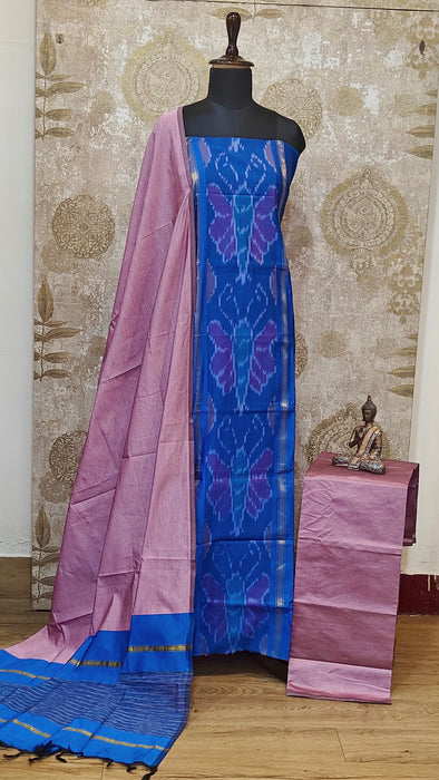 Ikkat Sico Silk Cotton Salwar Material - Blue With OnionPink