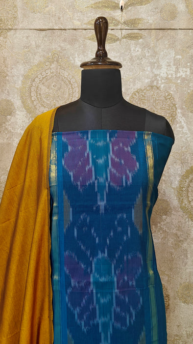 Ikkat Sico Silk Cotton Salwar Material - PeacockBlue With Mustard