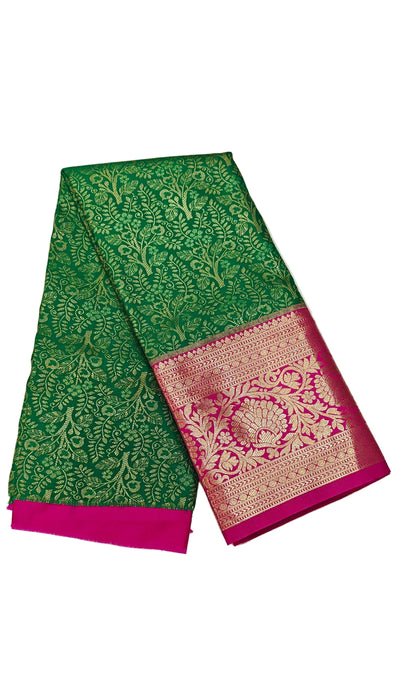 Pattu pavadai sattai Material and Langa blouse for kids and women-Emerald Green with Rani Pink