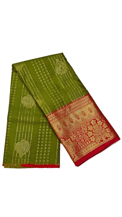 Pattu pavadai sattai Material and Langa blouse for kids and women-Olive Green with a Red Zari