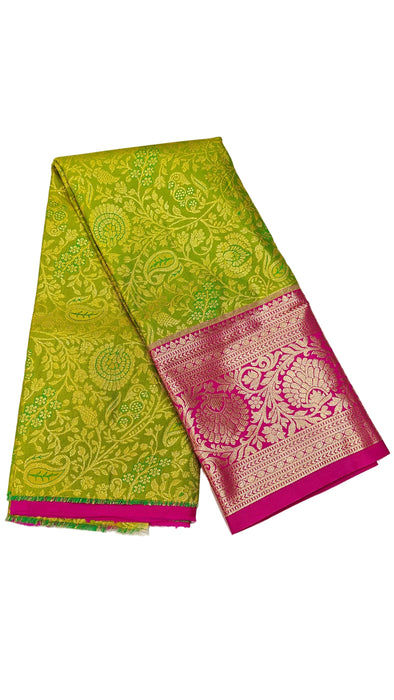 Pattu pavadai sattai Material and Langa blouse for kids and women-Parrot Green with Rani Pink