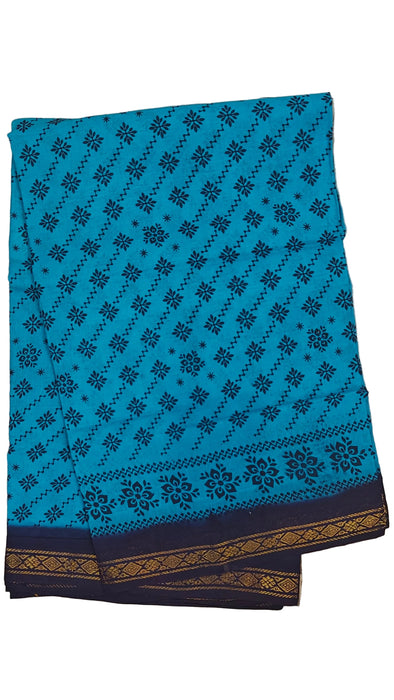 Rani Sungudi Cotton Sarees Double Side Zari Border Small Flower Print-SkyBlue-DarkBlue