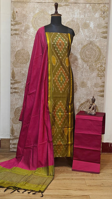 Ikkat Sico Silk Cotton Salwar Material - OliveGreen With DarkPink