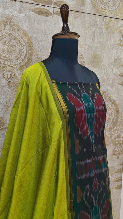 Ikkat Sico Silk Cotton Salwar Material - BottleGreen With OliveGreen