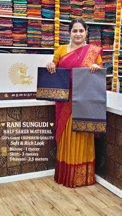 Rani Sungudi Half Saree Material Gold Zari - Gray-DarkBlue