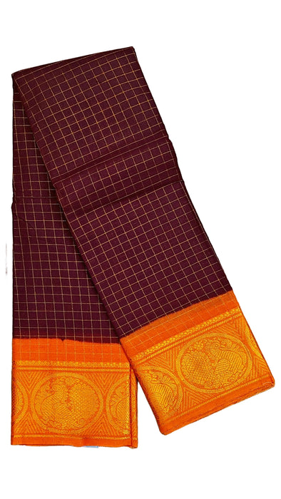 Rani Sungudi Cotton Zari Checks Contrast Double Side Boder -CoffeBrown-Orange