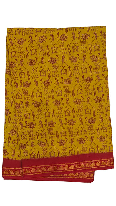 Rani Sungudi Cotton Sarees Double Side Zari Border WarliPrint -Musturd-Red