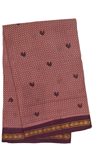 Rani Sungudi Cotton Sarees Double Side Zari Border Small mayil Print-Chocolate-Maroon