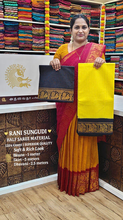 Rani Sungudi Half Saree Material Gold Zari- Yellow-Black