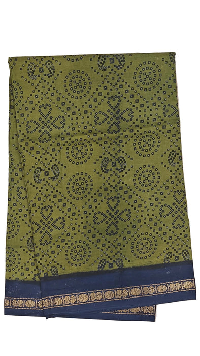 Rani Sungudi Cotton Sarees Double Side Zari Border circle Dot -OliveGreen-DarkBlue