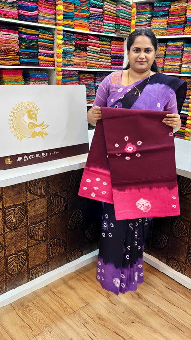 Rani Sungudi Pure Cotton Sarees Tie and Dye 120's-Purple With Pink