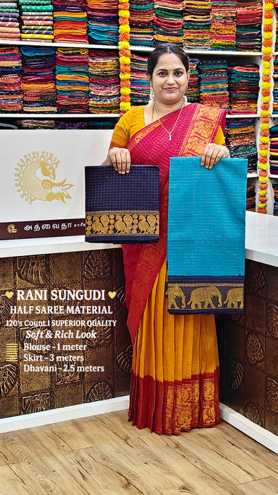 Rani Sungudi Half Saree Material Gold Zari-SkyBlue-DarkBlue