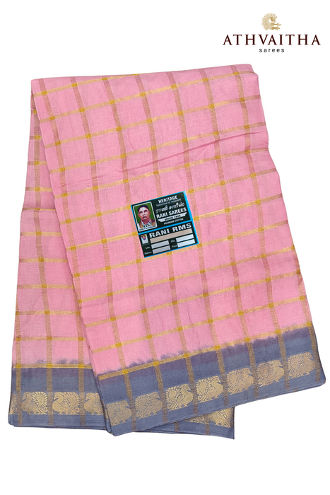 Rani Sungudi Premium Cotton Big Zari Checks-Baby Pink