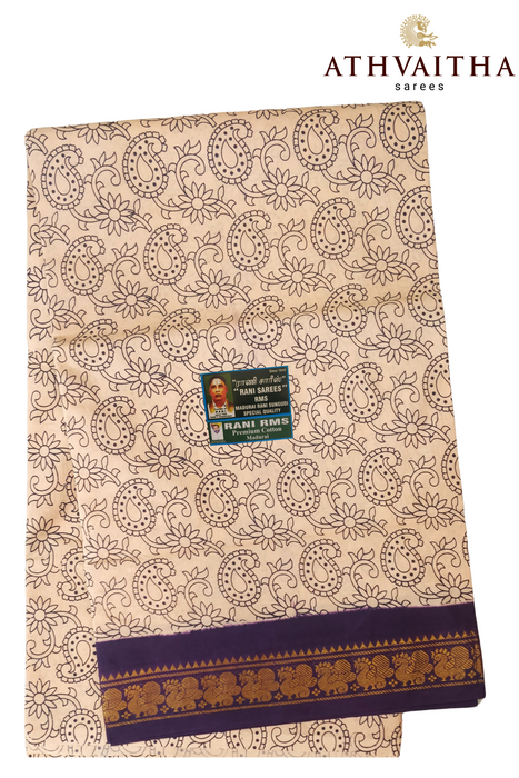 Sungudi Pure Cotton Saree With One Side Small Zari Border-Contrast Hand Printed