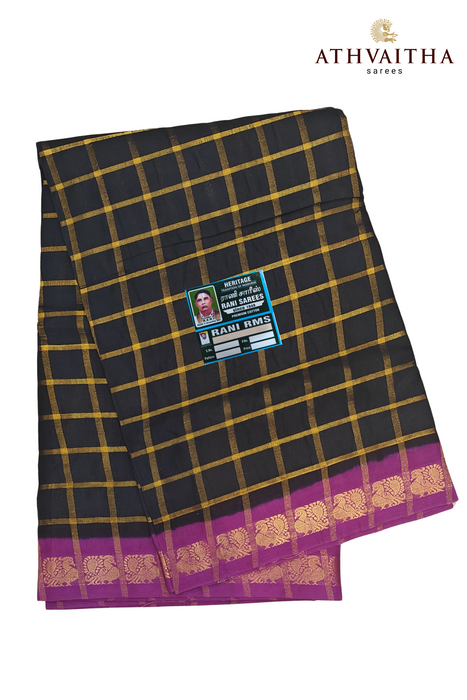 Rani Sungudi Premium Cotton Big Zari Checks-Black