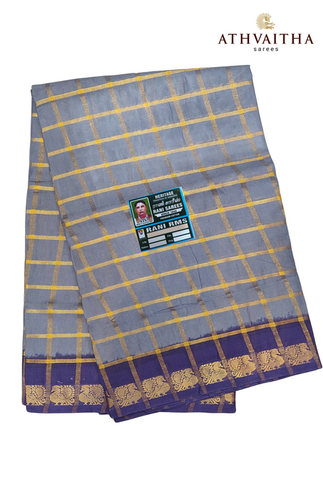 Rani Sungudi Premium Cotton Big Zari Checks- Grey