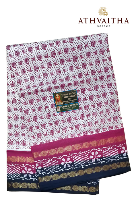 Rani Pure Sungudi Cotton Sarees With Doubleside Rudraksha Border Contrast-3D Rangoli