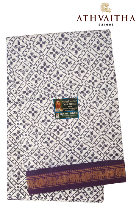 Madurai Rani Sungudi Pure Cotton Saree With One Side Small Zari Border-Contrast Hand Printed