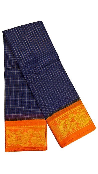 Rani Sungudi Cotton Zari Checks Contrast Double Side Boder - DarkBlue-Orange