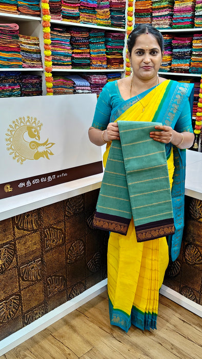 Rani Sungudi Cotton Saree With Doubleside Contrast Border Veldhari - SeaGreen-DarkPurple