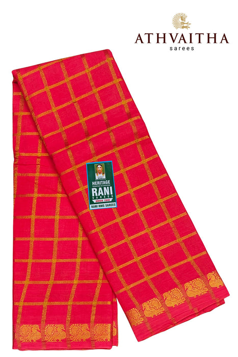 Rani Sungudi Cotton Big Zari Checks Self - DarkPeach