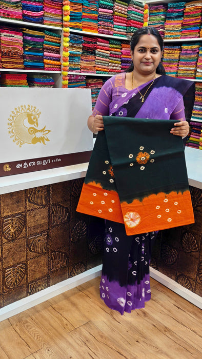 Rani Sungudi Pure Cotton Sarees Tie and Dye 120's-BottleGreen With Orange