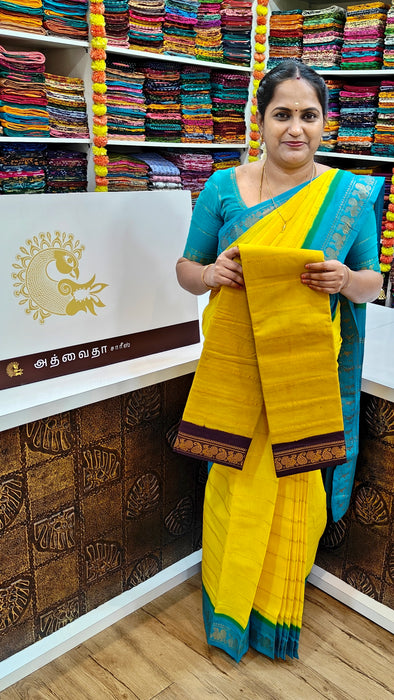 Rani Sungudi Cotton Saree With Doubleside Contrast Border Veldhari - Mustard-Coffee.Brown