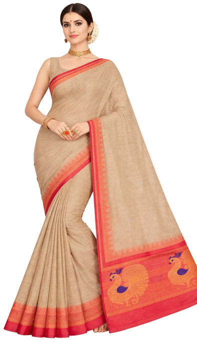 Rani Rich Cotton Saree – Biscuit With Peach Zari Border