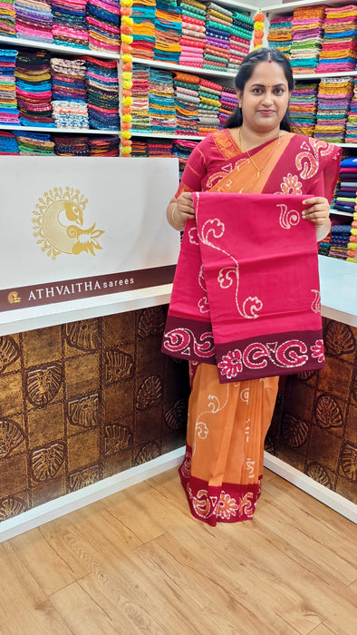 Rani Sungudi Cotton Sarees Without Zari Contrast Hand Art
